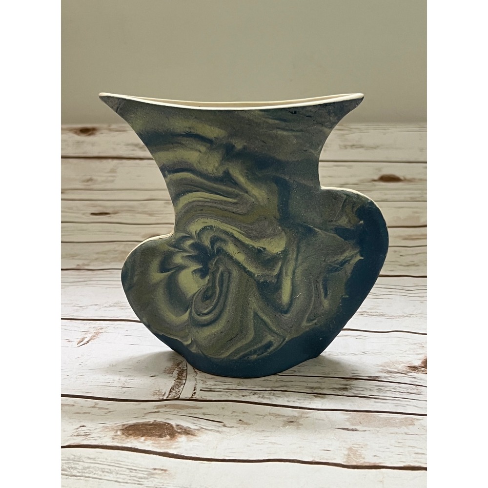 Studio Pottery Vase Blue Green Marbled Organic Asymmetrical Signed 7in "LB"